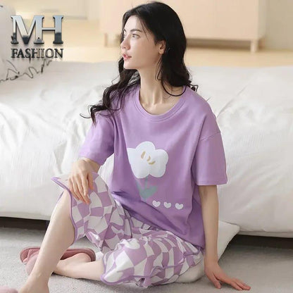 Women pajama set, ladies nightwear, purple pajama suit, cotton sleepwear, short sleeve top, printed pajama set, cute cartoon print, summer night suit, comfortable loungewear, two-piece nightwear, soft fabric sleepwear, girls home wear