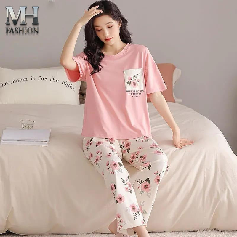 Women pajama set, ladies nightwear, purple pajama suit, cotton sleepwear, short sleeve top, printed pajama set, cute cartoon print, summer night suit, comfortable loungewear, two-piece nightwear, soft fabric sleepwear, girls home wear