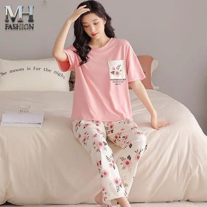 Women pajama set, ladies nightwear, purple pajama suit, cotton sleepwear, short sleeve top, printed pajama set, cute cartoon print, summer night suit, comfortable loungewear, two-piece nightwear, soft fabric sleepwear, girls home wear